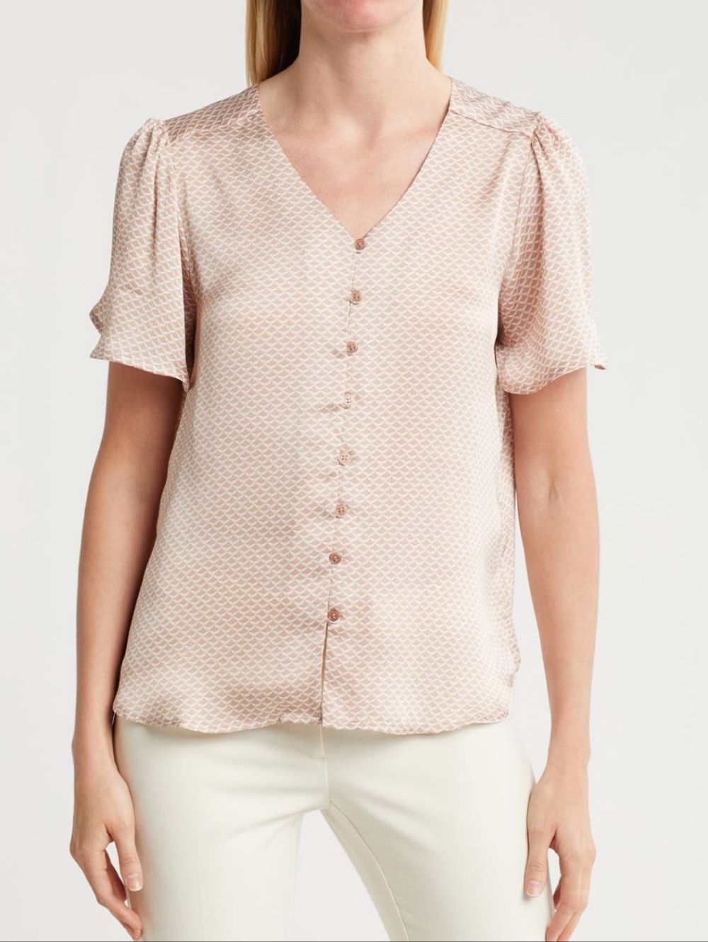 Pleione Satin Light Pink Patterned Button Up Blouse V Neck Medium